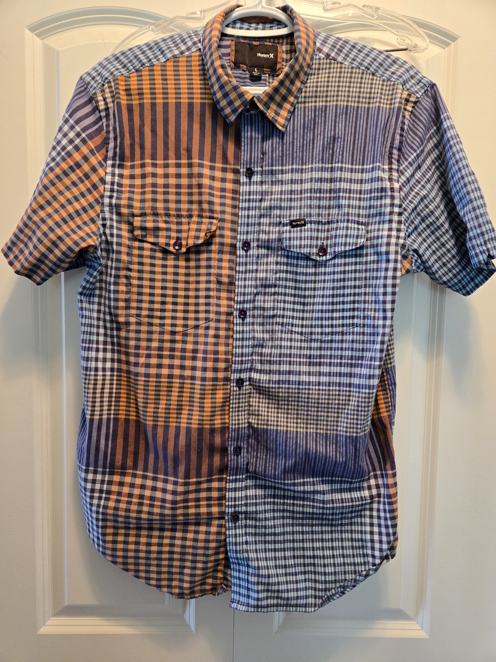 Hurley Patchwork Plaid Short Sleeve Shirt - Blue & Orange